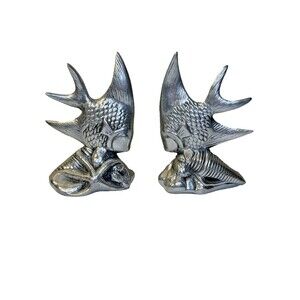 Pewter Tropical Fish Bookends Set Of 2 Vintage Costal Shelf Decor